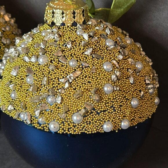 Frontgate Royal Blue Gold Beaded Pearl Glass Ornaments Set Of 2 Luxury 4 Inch - Picture 2 of 10